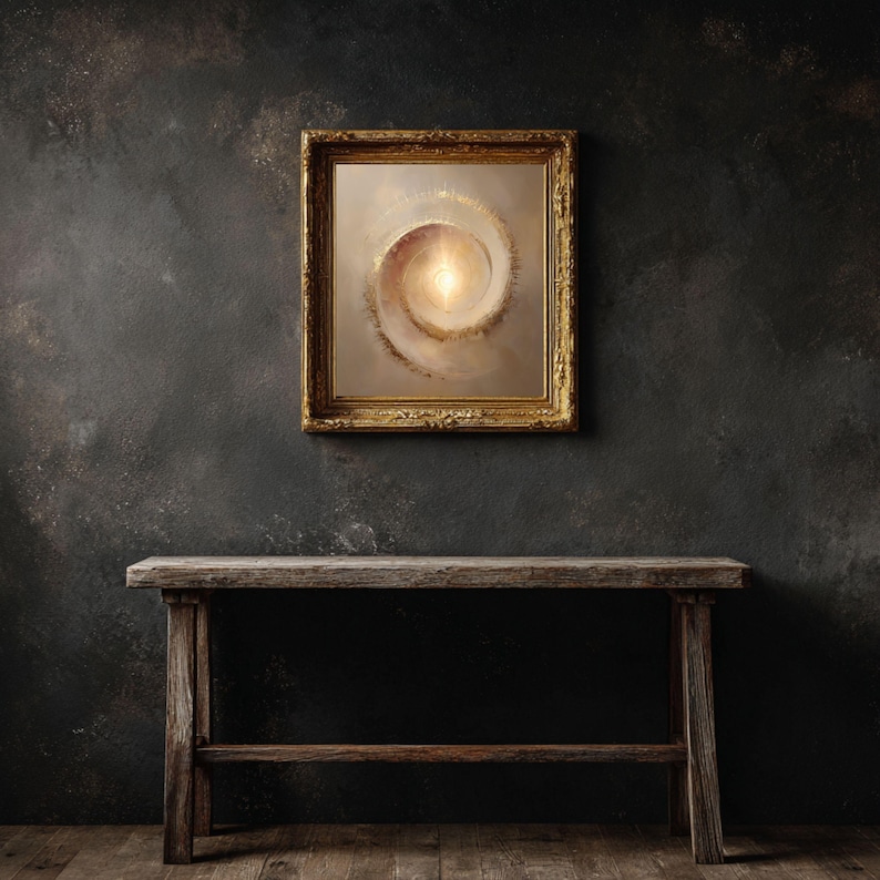 May include: A framed artwork with a gold-colored ornate frame hangs above a rustic wooden table. The artwork features a spiral design with a bright, glowing center, set against a neutral background. The wall is dark gray.