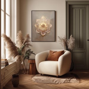 May include: A framed artwork with a geometric flower design in gold and pink tones hangs above a cream armchair with a brown cushion. The room has a neutral colour palette, wooden flooring, and decorative pampas grass.