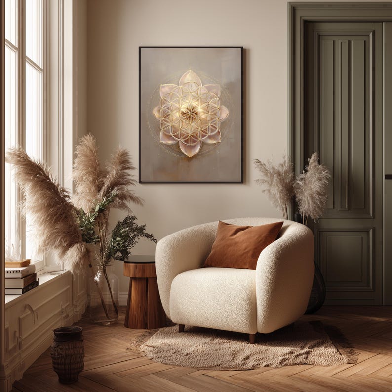 May include: A framed artwork with a geometric flower design in gold and pink tones hangs above a cream armchair with a brown cushion. The room has a neutral colour palette, wooden flooring, and decorative pampas grass.