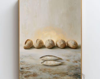 Five Loaves and Two Fish Print, Christian Wall Art, Feeding of the 5000 Bible Story, Neutral Catholic Decor, Bread and Fish Religious Art