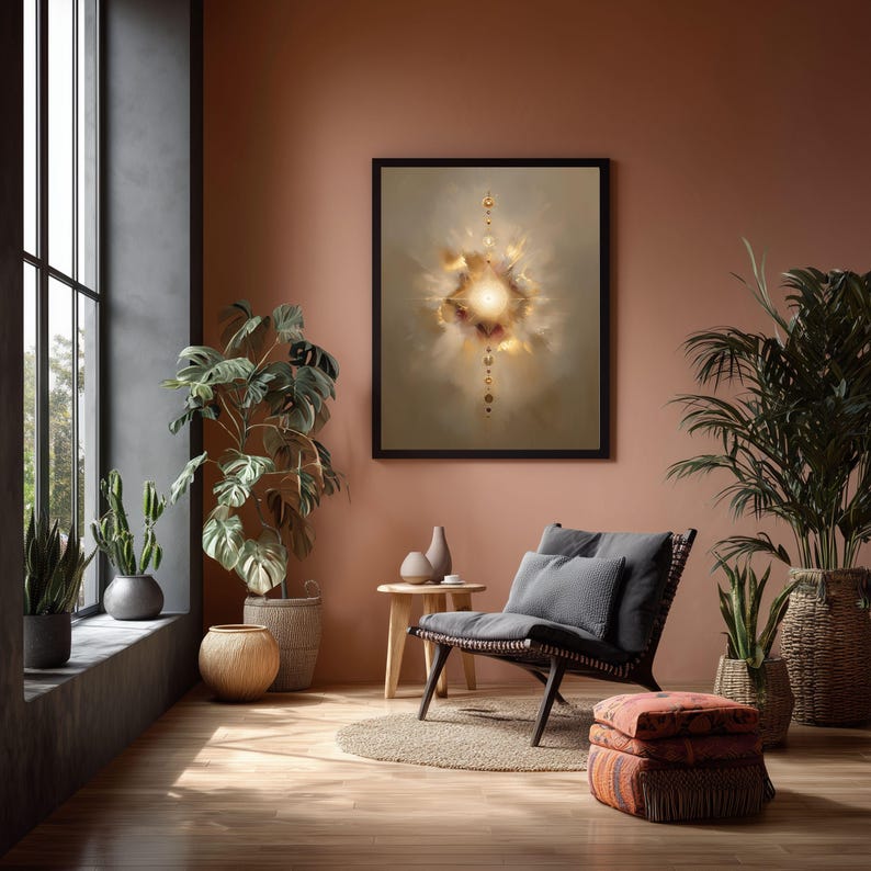 May include: A framed abstract art print with a central bright light and gold accents hangs above a dark wicker chair with gray cushions. The room features potted plants, a small wooden table, and a patterned ottoman. The walls are painted a warm terracotta color.