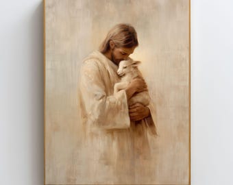 Jesus with Lamb, The Good Shepherd Christian Wall Art, Gentle Savior, Lamb of God, Religious Faith Home Decor Printable, Jesus Wall Art
