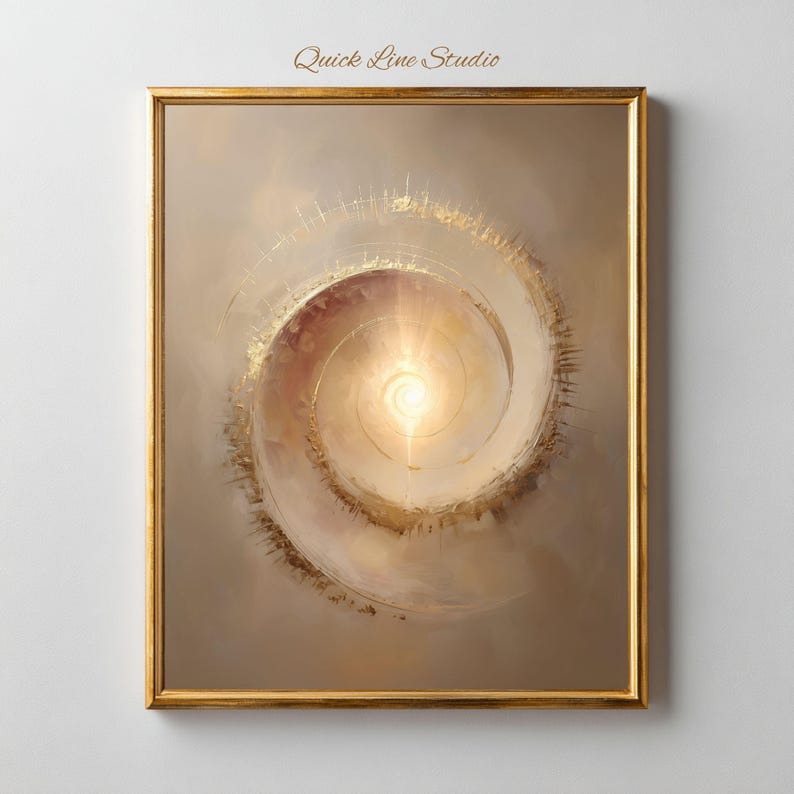 May include: Abstract art print in a gold frame. The artwork features a spiral design with a bright, central light source, surrounded by shades of beige, brown, and gold. The text "Quick Line Studio" is in the top center.