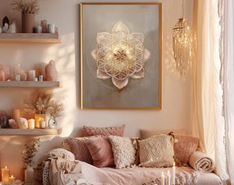 Flower of Life Wall Art, Sacred Geometry Print, Gold Lotus Mandala, Spiritual Energy Artwork, Meditation Room Decor, Boho Minimalist