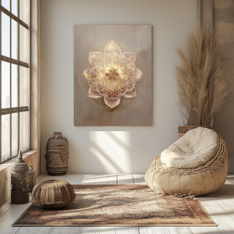 May include: A canvas artwork with a glowing, geometric flower design in pink and gold hues. The artwork hangs on a neutral wall in a room with natural light, a woven chair, and decorative vases. The room has a rug and pampas grass.