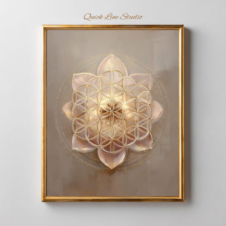 May include: Framed artwork with a golden geometric flower design at the centre, set against a muted background. The artwork has a soft, neutral colour palette with gold accents. The frame is gold and the text "Quick Line Studio" is at the top.