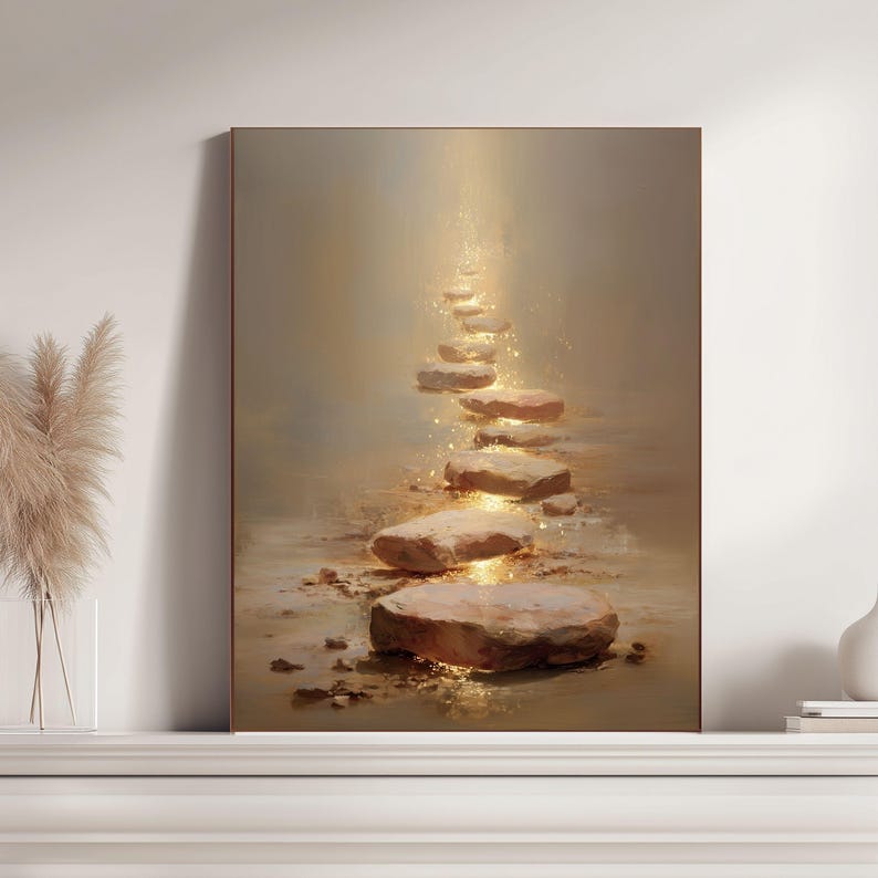 Op de afbeelding: Een ingelijste kunstdruk toont een pad van stapstenen dat omhoog leidt naar een helder licht. De stenen zijn warmbruin en de achtergrond heeft een zachte, gouden gloed. Het kunstwerk roept een gevoel van vrede en sereniteit op.