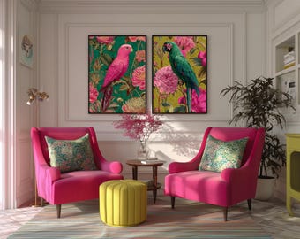 Tropical Parrot Print Set: Maximalist Botanical Wall Art (Digital Download)