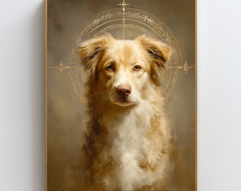 Arte mural de perro sagrado, impresión de perro ángel, retrato espiritual de animal, regalo conmemorativo para mascotas, decoración de geometría sagrada con aura dorada