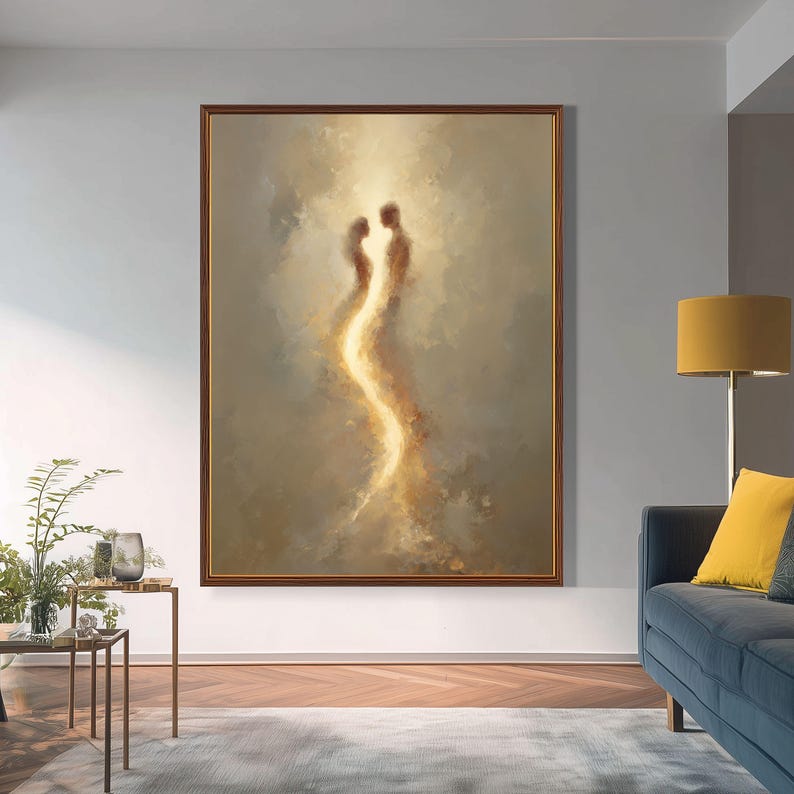 May include: A large rectangular wall art piece featuring an abstract painting of two silhouetted figures facing each other, connected by a bright, glowing vertical stream of light against a muted, earthy brown and beige textured background.