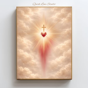 Puede incluir: Impresión enmarcada que presenta un corazón con una corona de espinas, una cruz y luz radiante sobre un fondo nublado. La obra de arte utiliza tonos cálidos de rojo, dorado y crema, con el texto "Quick Line Studio" en la parte superior.