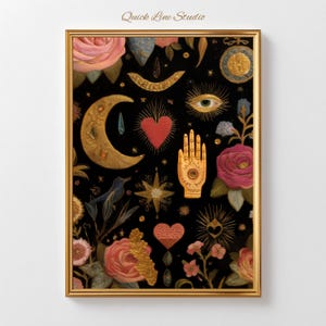Peut inclure: Une impression d'art encadr&eacute;e avec un fond sombre orn&eacute; d'illustrations dor&eacute;es, rouges et roses. L'&oelig;uvre comprend un croissant de lune, une main, des c&oelig;urs, des roses et des &eacute;toiles. Le texte "Quick Line Studio" est dans le coin sup&eacute;rieur gauche.