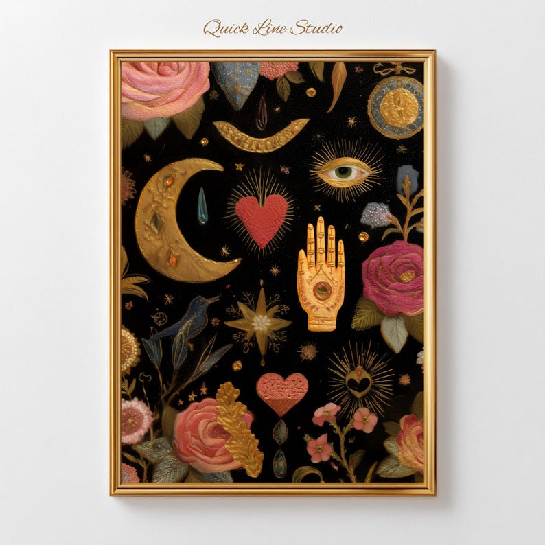 Peut inclure: Une impression d'art encadr&eacute;e avec un fond sombre orn&eacute; d'illustrations dor&eacute;es, rouges et roses. L'&oelig;uvre comprend un croissant de lune, une main, des c&oelig;urs, des roses et des &eacute;toiles. Le texte "Quick Line Studio" est dans le coin sup&eacute;rieur gauche.