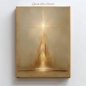 Op de afbeelding: Abstract schilderij met een gouden kleurenpalet. Het kunstwerk toont een heldere, centrale lichtbron die naar buiten straalt, met vloeiende, getextureerde penseelstreken in goud- en beigetinten. Het schilderij is ingelijst in een eenvoudige, lichtgekleurde houten lijst. De tekst "Quick Line Studio" staat in het midden bovenaan.