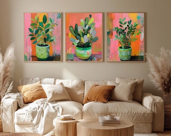 Colorful Plant Wall Art Set of 3, Boho Botanical Prints, Bright Maximalist Decor, Funky Living Room Art, Modern Plant Artwork
