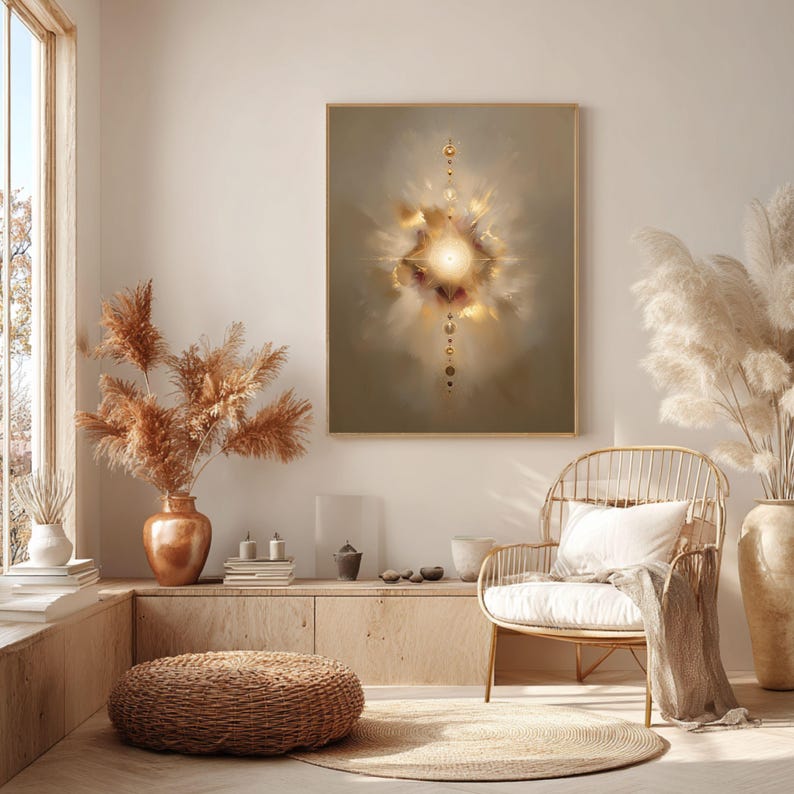 May include: A framed abstract art print with a central radiant design in gold and beige tones. The artwork hangs above a wicker chair with a white cushion and a beige throw. The room is decorated with dried pampas grass in copper and beige vases.
