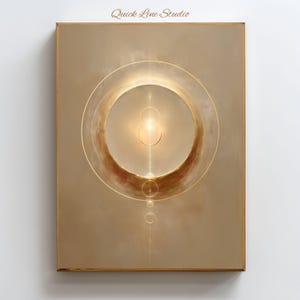 Può includere: Stampa artistica astratta con cornice dorata. L'opera presenta cerchi e linee concentriche nei toni dell'oro e del marrone, con una luce centrale brillante. Il testo "Quick Line Studio" è nell'angolo in alto a sinistra.