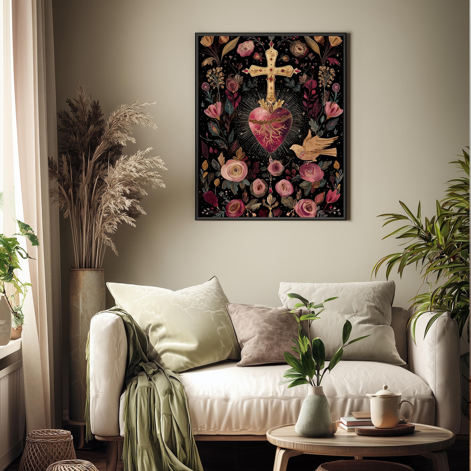Sacred Heart of Jesus Wall Art, Catholic Religious Print, Golden Cross ...