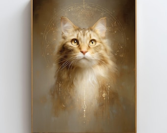 Arte mural de gato sagrado, impresión de gato espiritual, póster de gato místico, arte de gato de geometría sagrada, animal espiritual de gato, decoración mágica de gato, regalo para amantes de los gatos