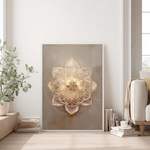 May include: Framed wall art with a gold and pink flower of life design. The artwork is set in a white frame and has a soft, neutral colour palette. The design is a geometric pattern with a spiritual theme.