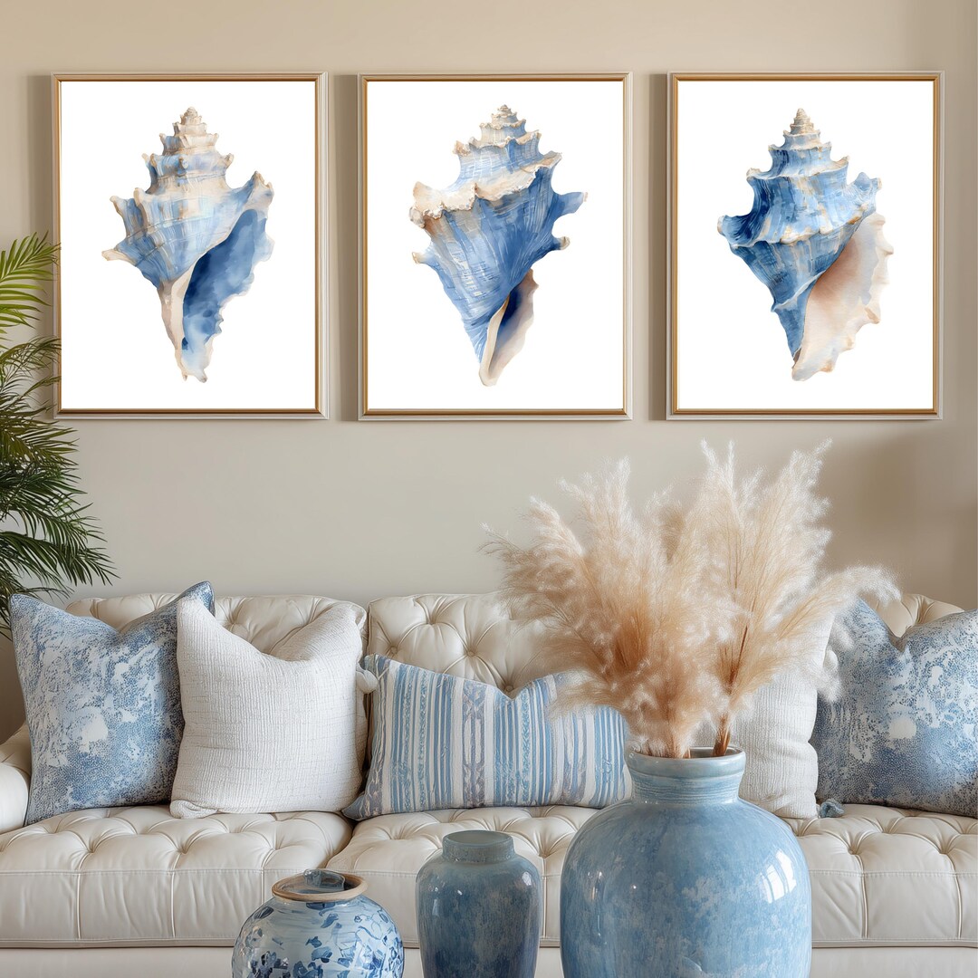 Blue Shell Print Set: Coastal Beach House Wall Art (digital Download ...