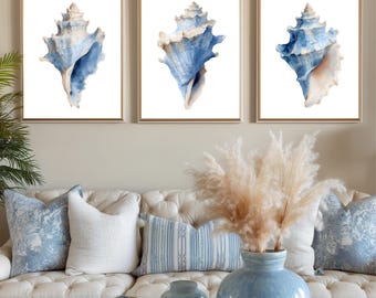 Küsten Wandkunst 3er Set Blau, Strandhaus Dekor, Muschel Druck Set, Küsten Wohnzimmer Wandkunst, Blaues Neutrales Dekor, Ozean Kunstwerk Set