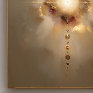 May include: Abstract artwork with a gold frame. The painting features a celestial design with a central starburst and a series of descending circular ornaments. The color palette includes gold, white, and touches of red, creating a luminous effect.