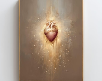 Arte mural del Sagrado Corazón, lámina de energía del amor divino, obra de arte para la sanación del corazón, decoración de protección espiritual, arte de sanación energética del corazón con luz dorada