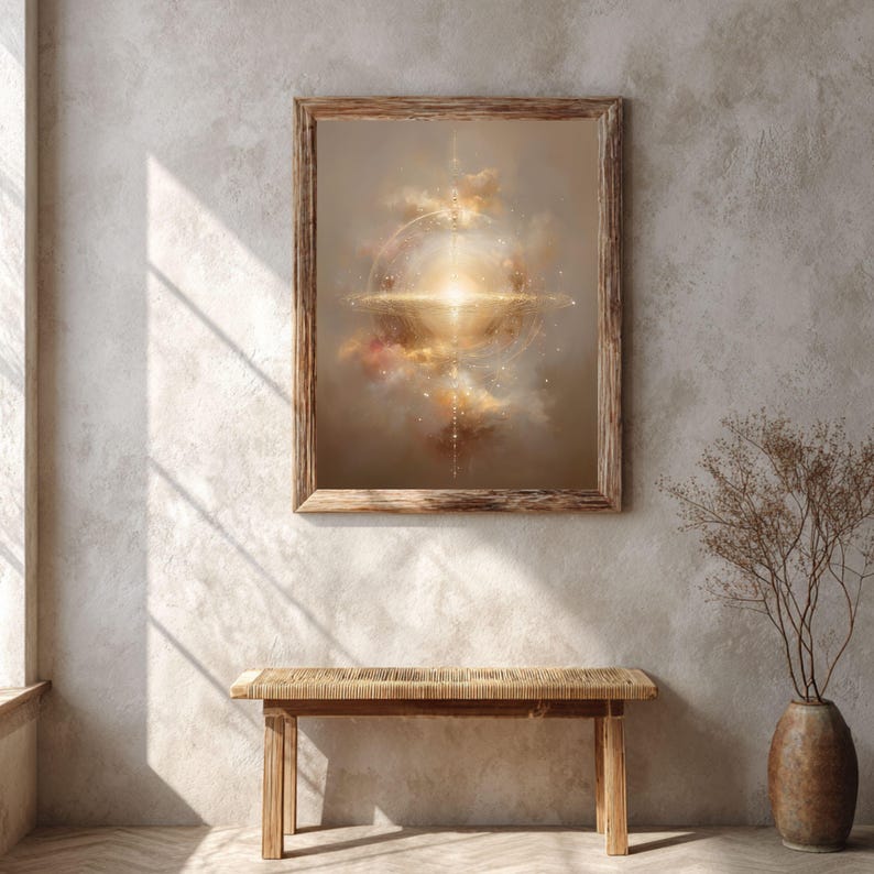 May include: A framed abstract art print with a celestial theme. The artwork features a bright, central light source surrounded by swirling clouds in shades of gold, peach, and brown. The wooden frame complements the warm tones of the artwork. A bench and vase are in the foreground.
