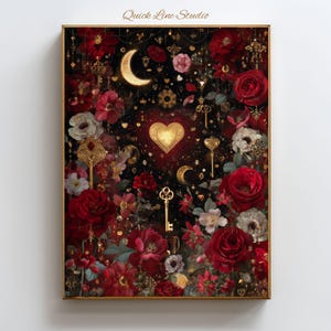 Gothic Rose & Key Heart Print: Esoteric Symbolism Wall Art (Digital Download