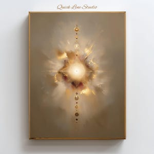 May include: A framed abstract artwork with a central, radiant starburst design in gold and cream hues. The artwork features a vertical arrangement of golden orbs and lines, set against a soft, neutral background. The text "Quick Line Studio" is at the top.