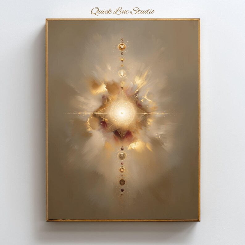 May include: A framed abstract artwork with a central, radiant starburst design in gold and cream hues. The artwork features a vertical arrangement of golden orbs and lines, set against a soft, neutral background. The text "Quick Line Studio" is at the top.
