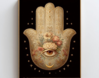 Arte mural de la mano de Hamsa y el mal de ojo, decoración de pared de protección, lámina de protección espiritual, póster místico dorado bohemio, obra de arte de escudo energético