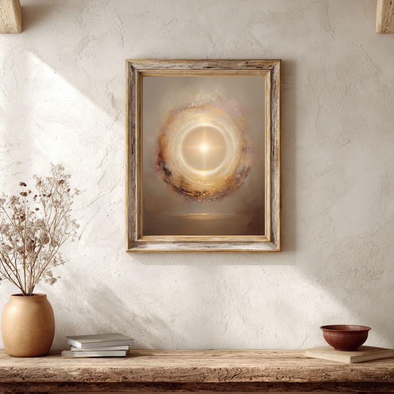 May include: A framed artwork featuring an abstract, ethereal design. The image showcases a bright, central light source surrounded by swirling, golden and brown hues. The artwork is set in a rustic, wooden frame, adding a touch of warmth to the piece.