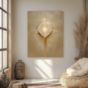 May include: Abstract canvas art featuring a central, glowing circle with radiating light and a textured, golden-brown background. The artwork evokes a sense of warmth and spirituality, suitable for home decor.