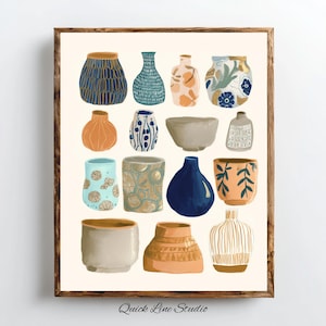 May include: A framed print featuring a collection of decorative vases in various shapes, sizes, and colors. The vases are painted with intricate patterns and designs, including floral motifs, geometric shapes, and textured surfaces. The artwork is signed "Quick Line Studio".
