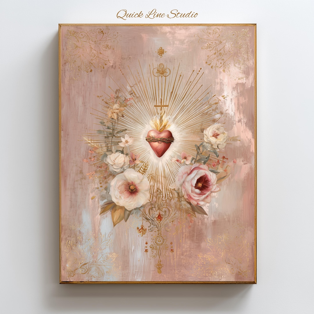 Sacred Heart of Jesus Wall Art | Floral Christian Print | Vintage ...