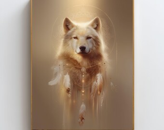 Andedjursvarg väggkonst, skyddsenergitryck, shamanisk vargdekor, andlig vägledningskonst, helig vargtotem mystisk djurkonst