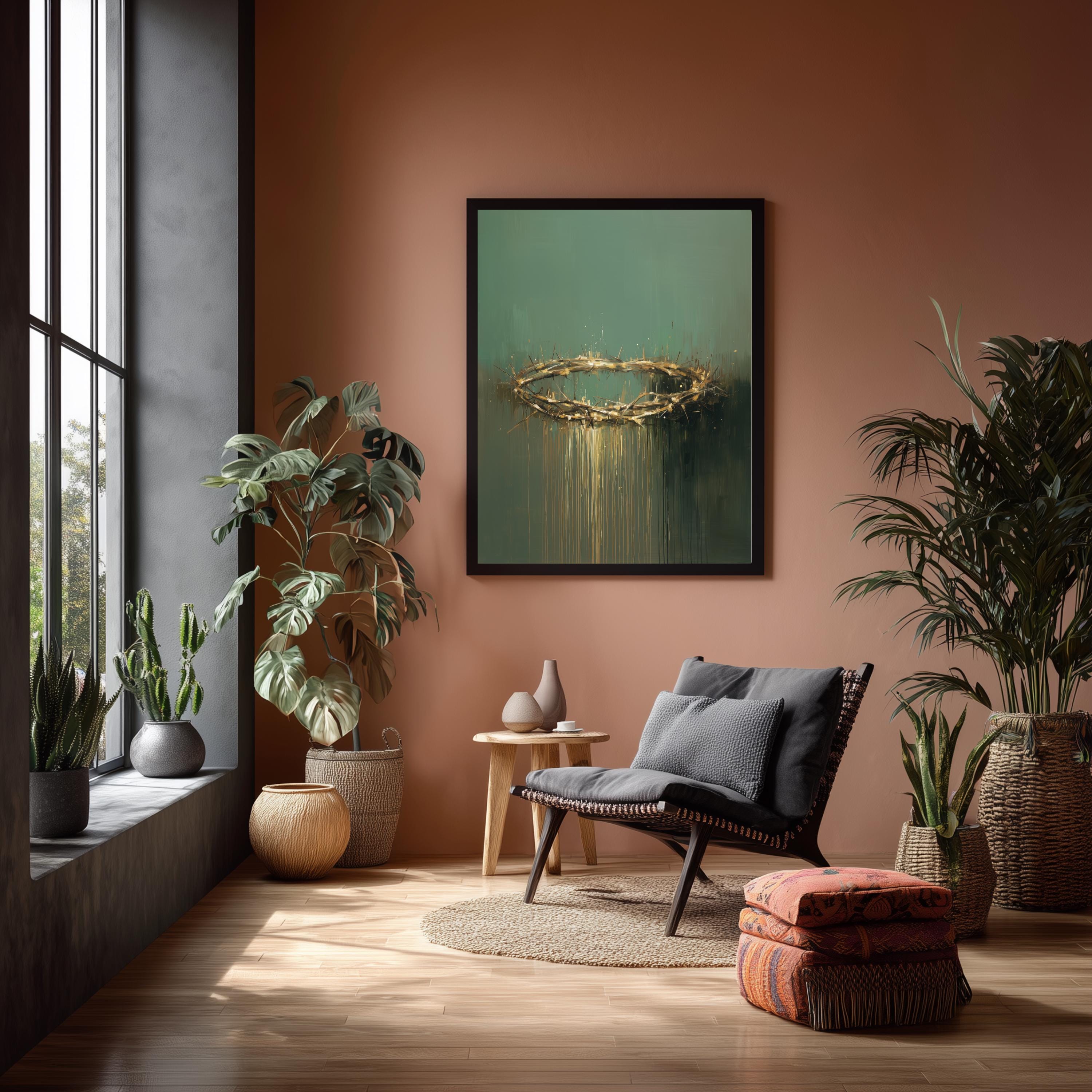 Jesus Crown of Thorns Wall Art | Modern Christian Painting | Green Gold ...