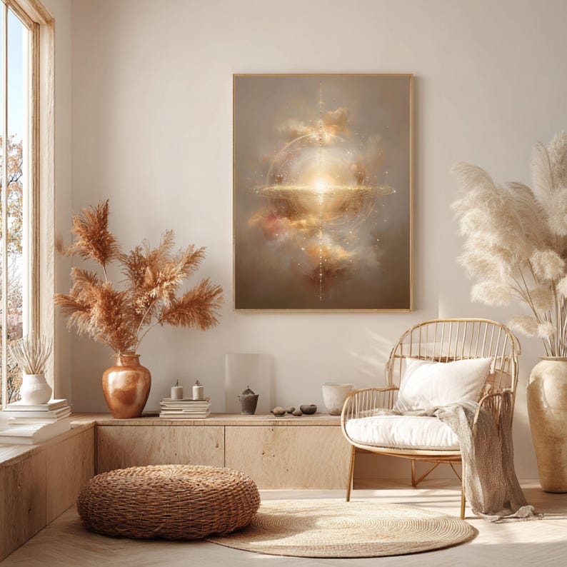 May include: A framed abstract art print with a celestial design in warm tones of gold, beige, and brown. The artwork hangs above a wicker chair with a white cushion and a woven ottoman. Dried pampas grass in vases adds a natural touch to the room.