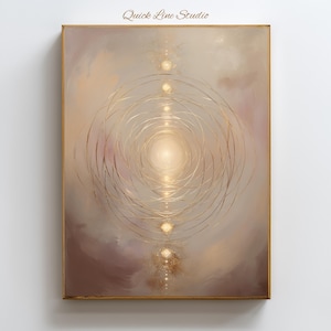 May include: Abstract art print in a wooden frame. The artwork features a central, bright light source surrounded by concentric gold lines and orbs. The background has soft, blended shades of beige, pink, and brown. The text "Quick Line Studio" is at the top.