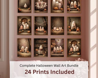 May include: A collection of twelve framed Halloween art prints featuring whimsical ghost illustrations in various settings. The prints showcase ghosts with pumpkins, in cozy interiors, and outdoor scenes. The text at the bottom reads "Complete Halloween Wall Art Bundle 24 Prints Included."