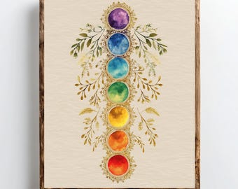Art de l'alignement des chakras : impression spirituelle botanique dorée, décoration de méditation yoga (téléchargement numérique)