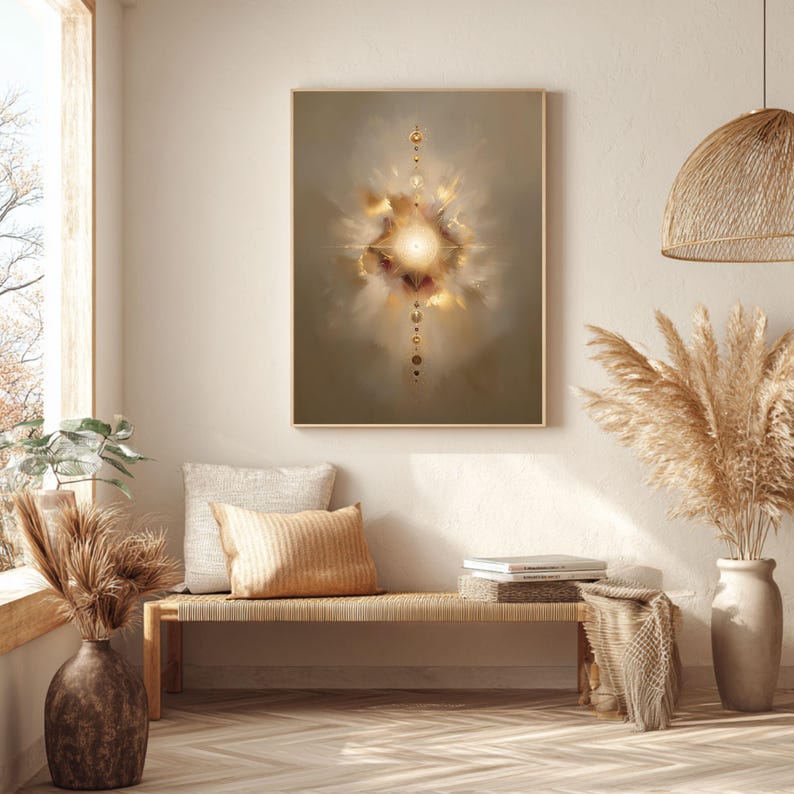 May include: Abstract art print in a gold frame. The artwork features a central, radiant light source surrounded by soft, cloud-like forms in shades of beige, gold, and brown. A vertical line of small, golden circles and dots extends downward from the light source.