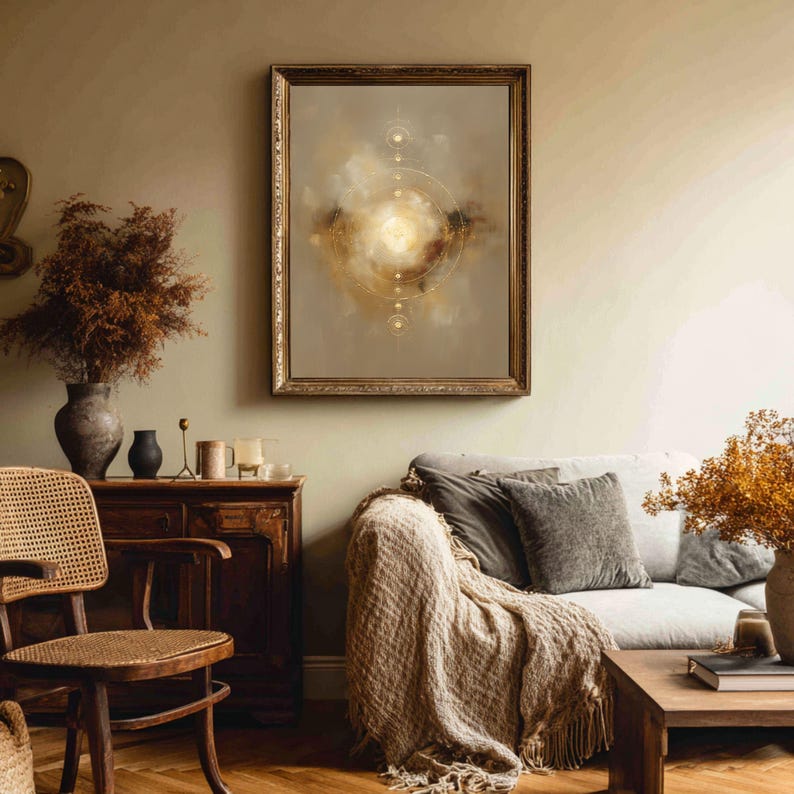 May include: A framed abstract painting with a gold frame hangs on a light green wall. The artwork features a central bright light surrounded by concentric circles and soft, muted colors of beige, brown, and gold. The room is decorated with a wooden chair, sofa, and side table.