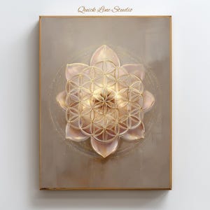 May include: Framed artwork with a layered floral design and a geometric pattern at its centre. The colour palette is neutral, with gold and beige tones. The text "Quick Line Studio" is at the top of the artwork.