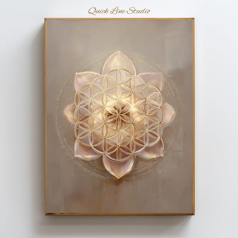 May include: Framed artwork with a layered floral design and a geometric pattern at its centre. The colour palette is neutral, with gold and beige tones. The text "Quick Line Studio" is at the top of the artwork.