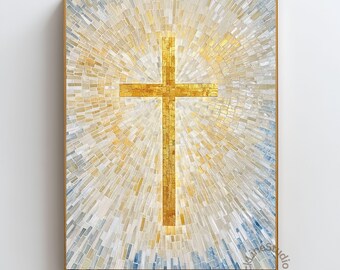 Gold Cross Wall Art, Christian Wall Decor, Religious Mosaic Print, Christian Home Decor, Faith Artwork, Confirmation Gift