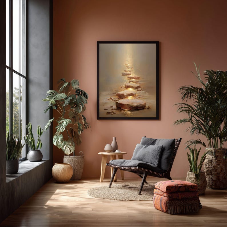 Op de afbeelding: Een ingelijst kunstwerk toont een pad van stapstenen badend in gouden licht. De kamer heeft een donker omlijste raam, potplanten, een geweven stoel met grijze kussens en een kleine houten bijzettafel. De muren zijn geschilderd in een warme, aardse tint.