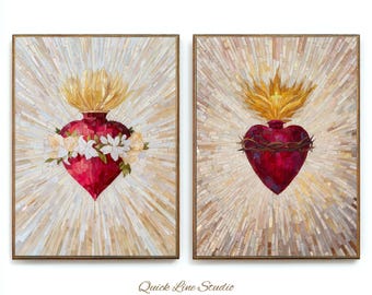 Sacred Heart of Jesus and Mary Set, Catholic Wall Art Pair, Christian Mosaic Prints, Religious Prayer Room Decor